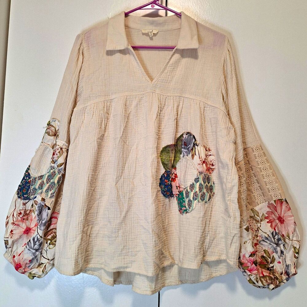 Easel Patchwork Floral V-Neck Balloon Sleeve Cotton Gauze Tunic Blouse Small